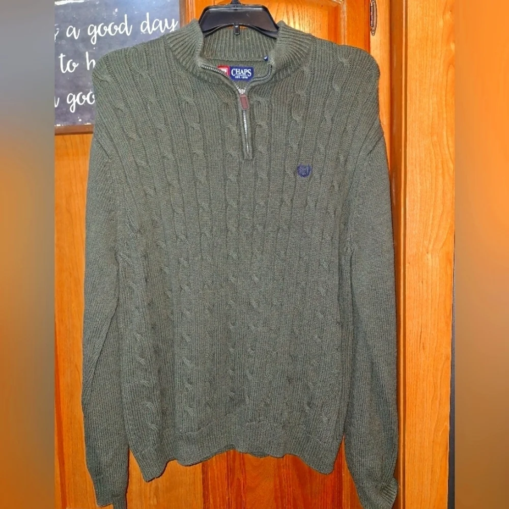 Chaps Men's Olive 1/4 Zip-Up Cable Knit Sweater In A Size XL. Chunky,Substantial